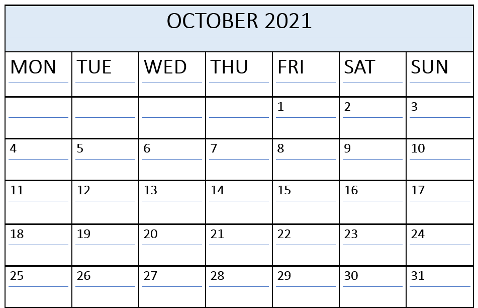 Editable October 2021 Calendar Excel