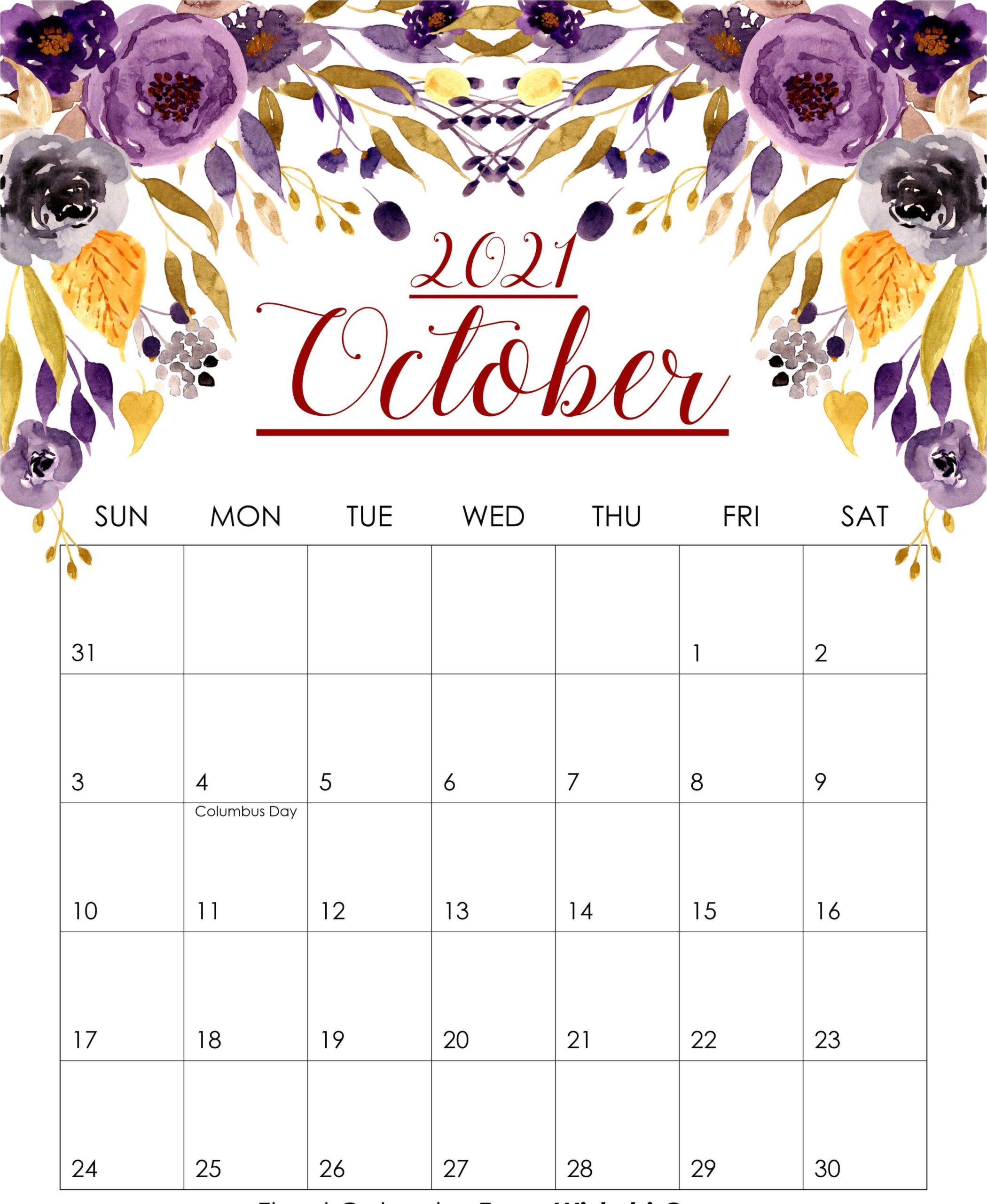 Floral October 2021 Calendar Printable