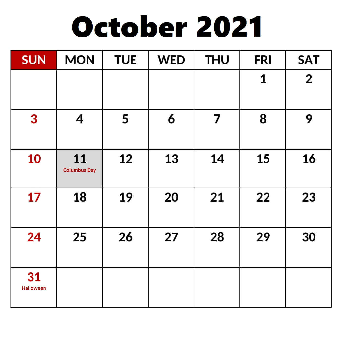Free Printable October Holidays 2021 Calendar