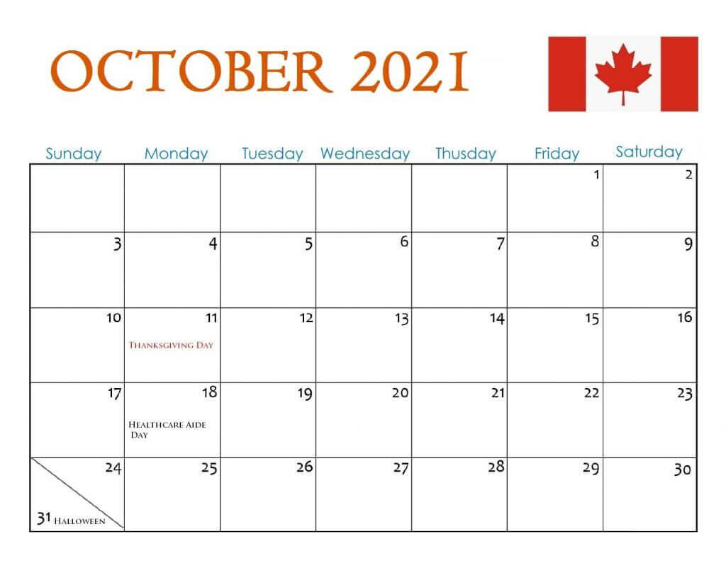 October 2021 Canada holidays calendar