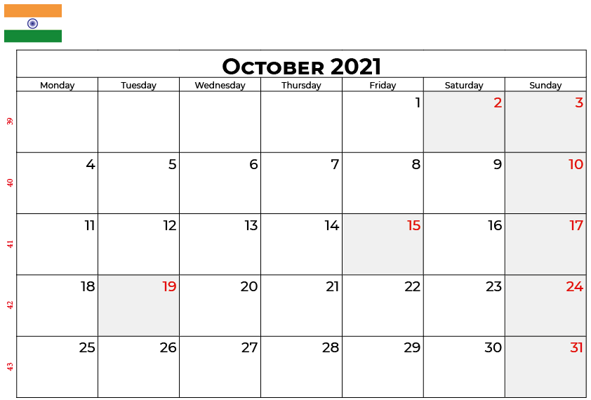 October 2021 calendar with holidays India