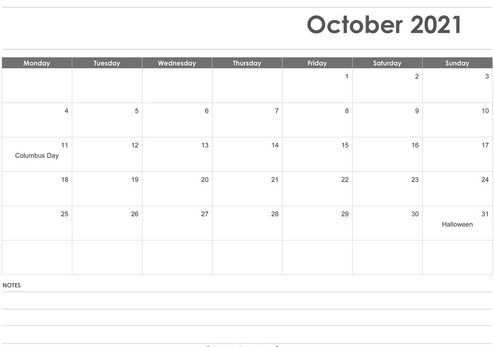 October 2021 calendar with holidays