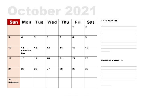 October Holidays 2021 Calendar
