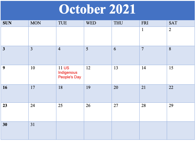 october 2021 holidays calendar template