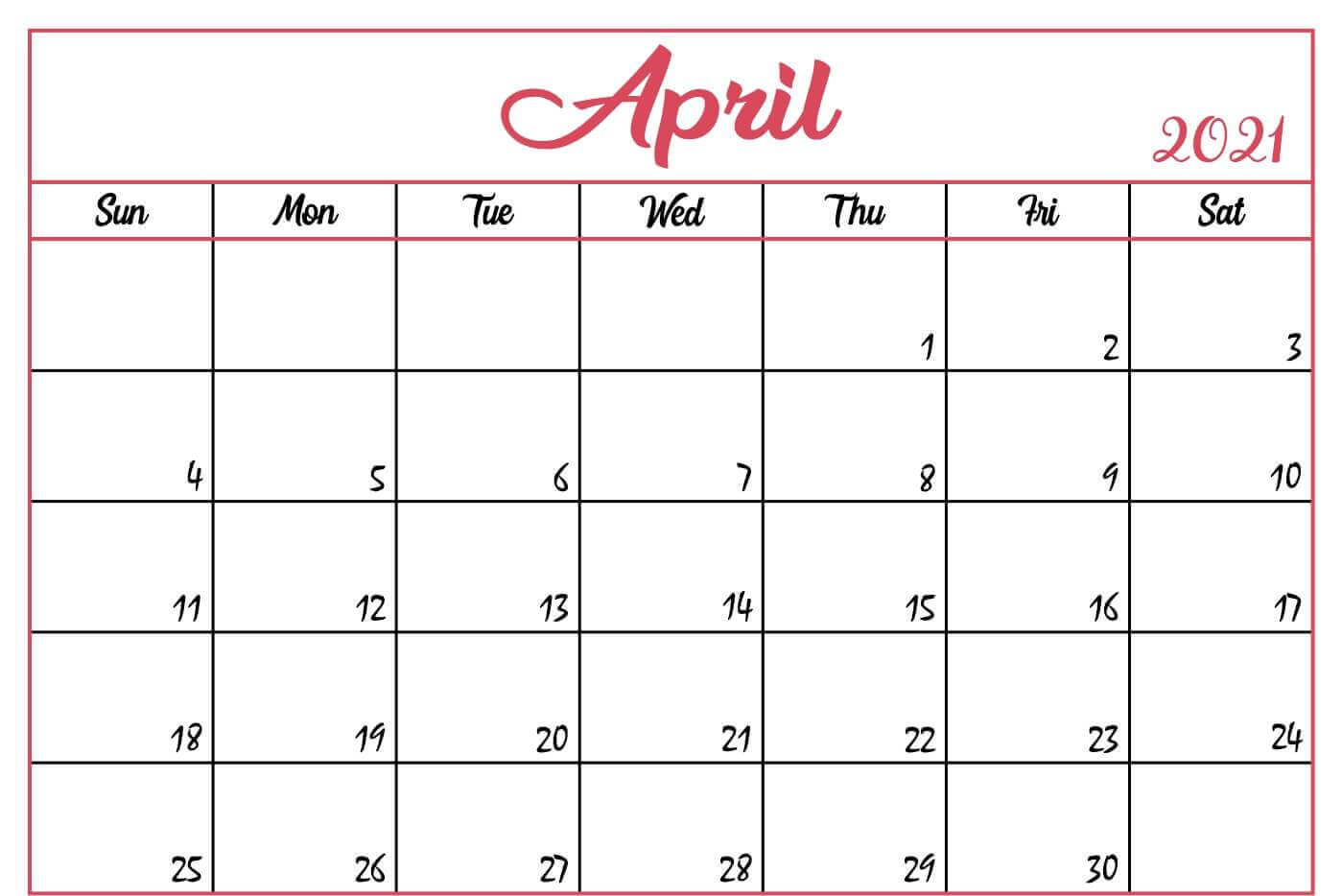 April 2021 Calendar Word