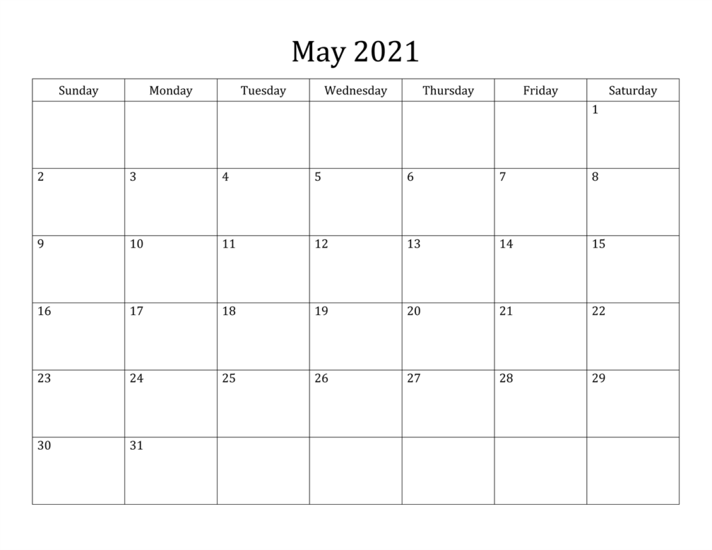 Editable May Calendar 2021 Blank Template Free Download