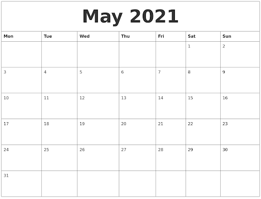 Editable May Calendar 2021 Blank Template Free Download