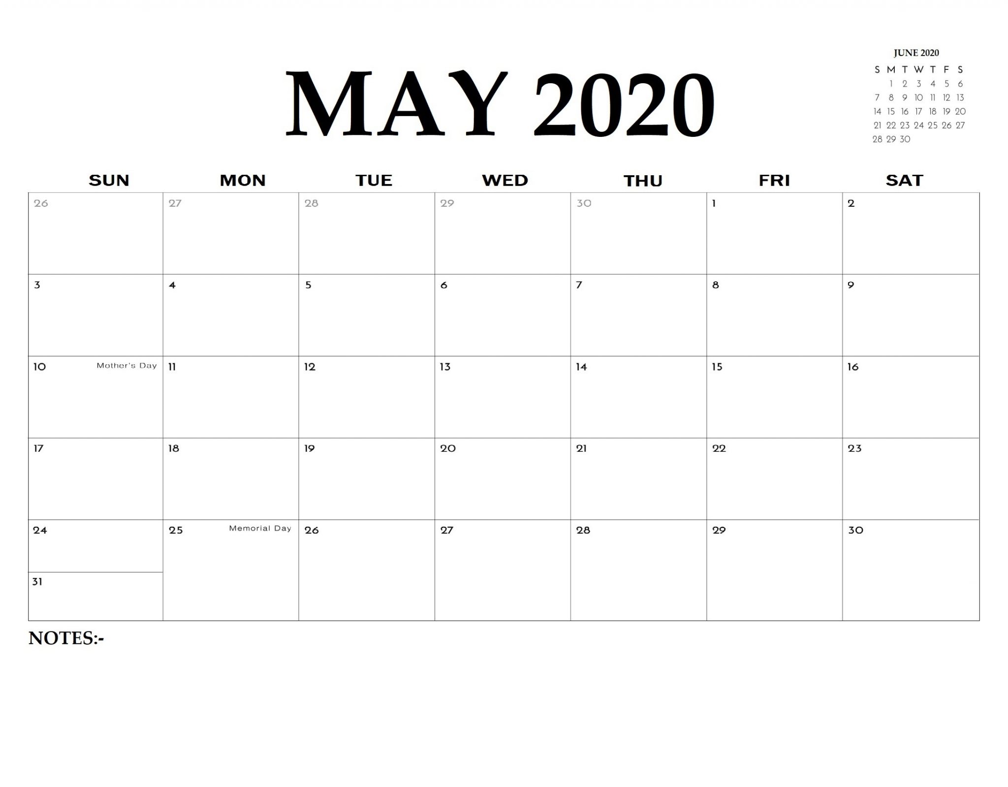 Editable May Calendar 2020 Blank Template Free Download