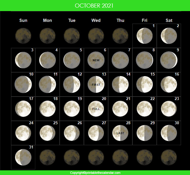 October 2021 Lunar Phases Calendar