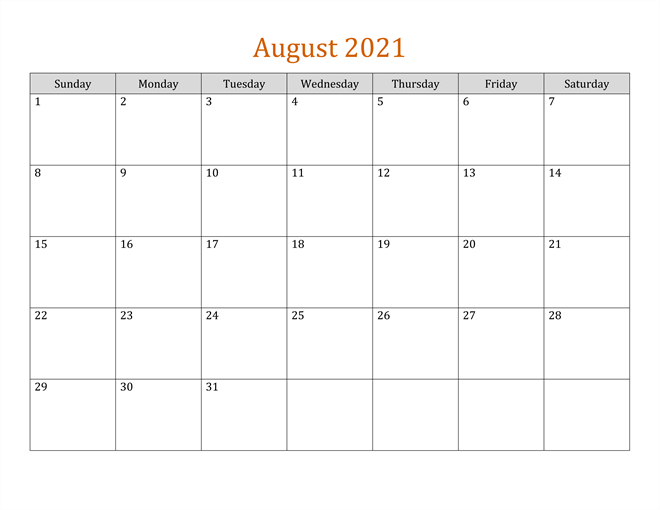 Editable August Calendar 2021