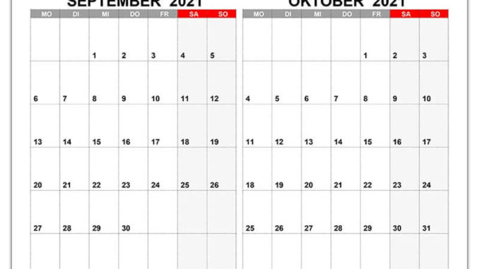 Kalender Für September, Oktober 2021