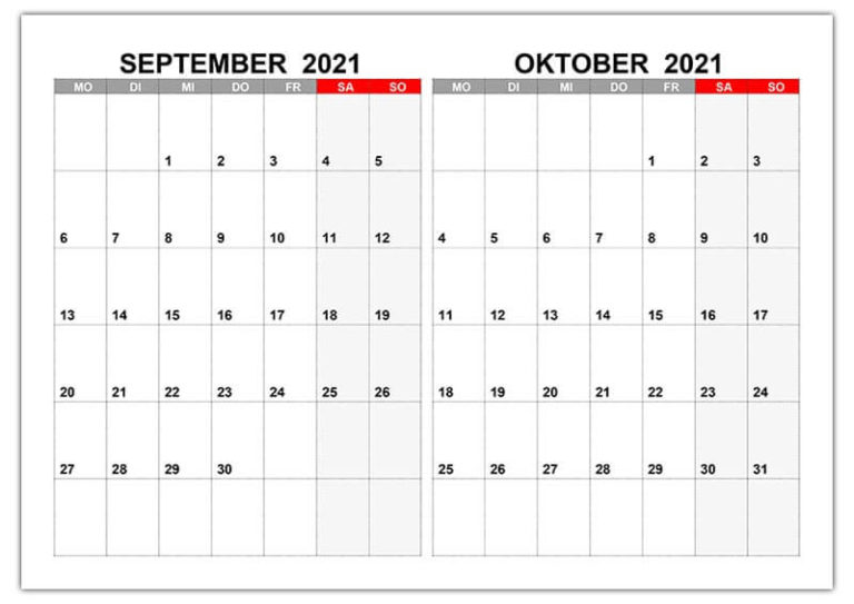 Kostenfreier Herunterladen September Oktober 2021 Kalender Mit Feiertagen