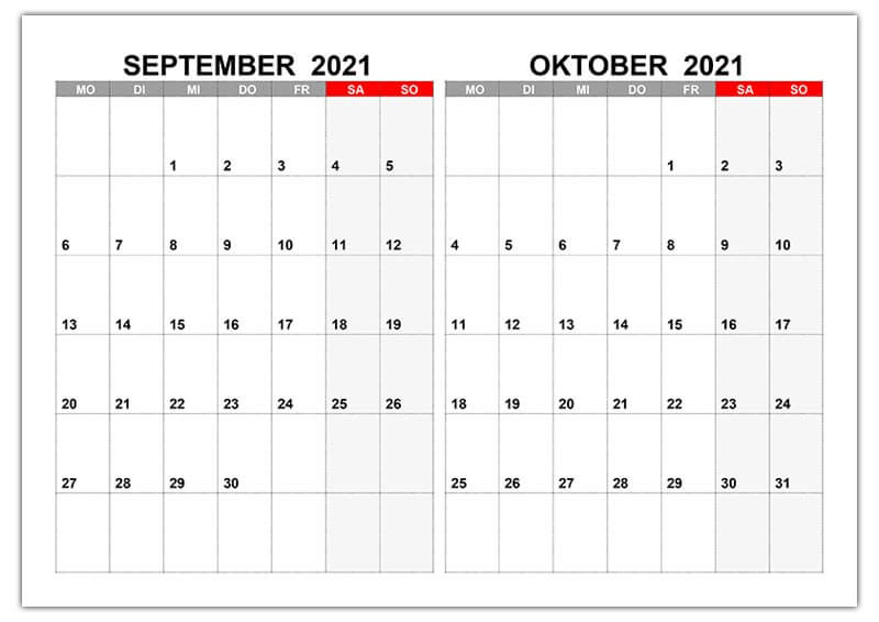 Kalender Für September, Oktober 2021