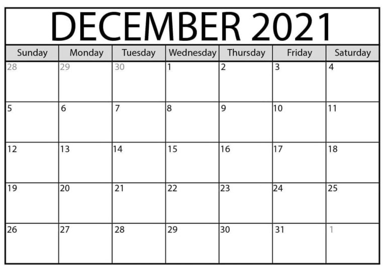 Free Monthly Blank December Calendar 2021 Printable Template