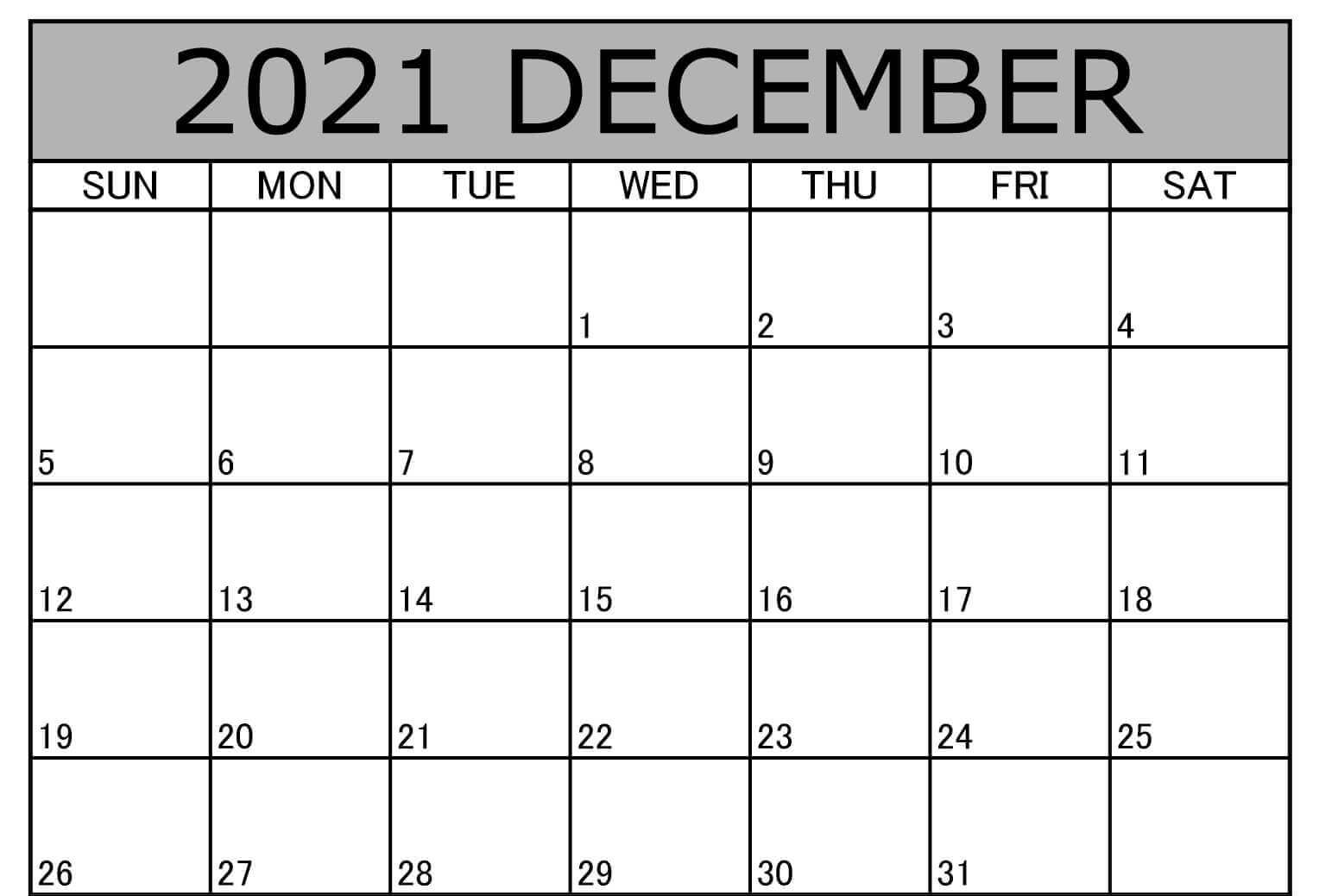 December Calendar 2021 Word