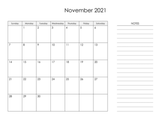 Editable November 2021 Calendar With Notes