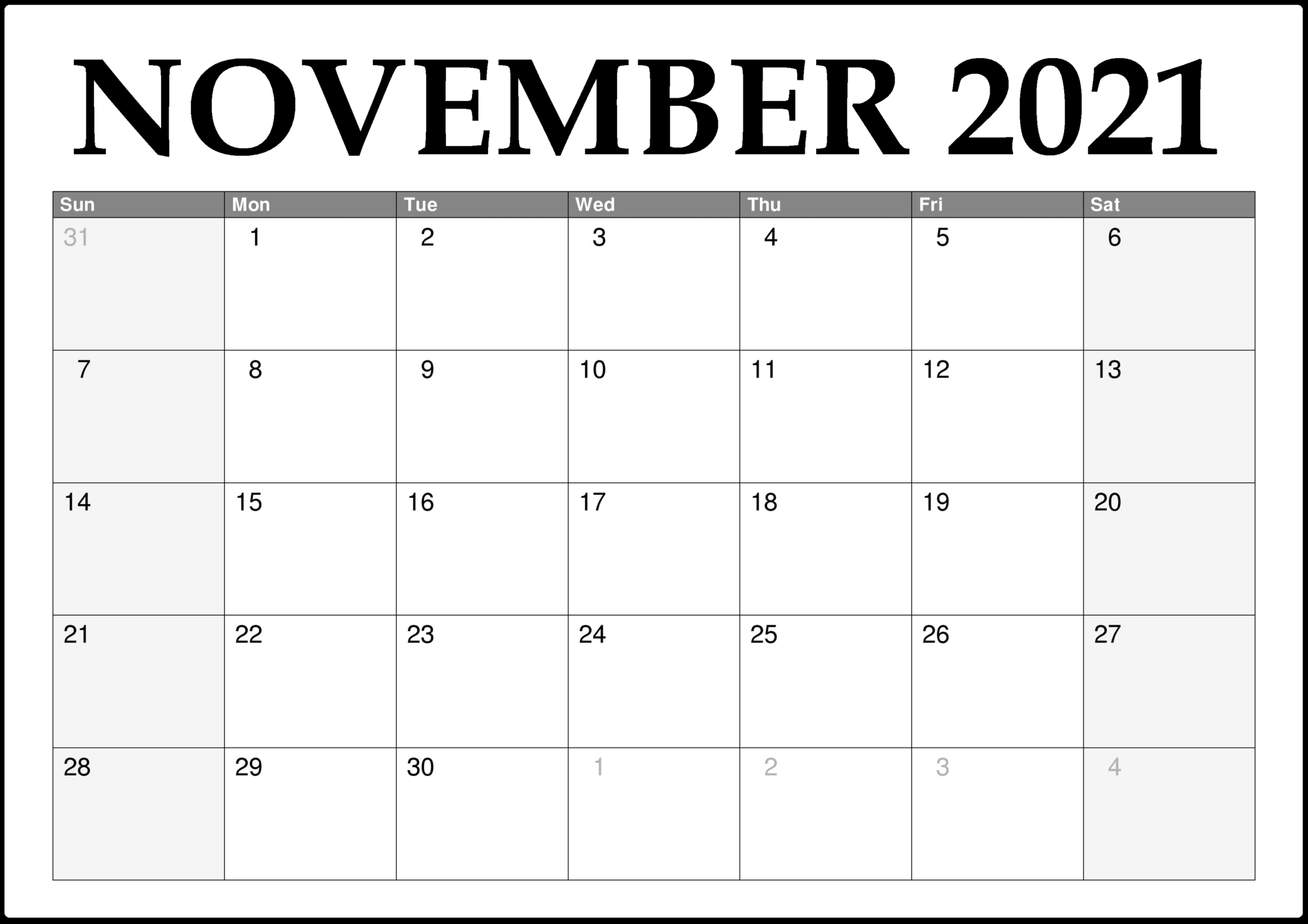 Free Editable November Calendar 2021 Blank Template