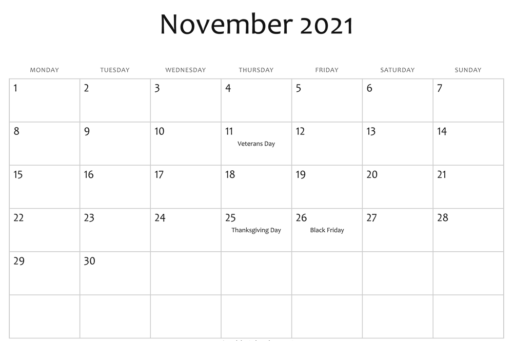 November 2021 Holidays Calendar Template