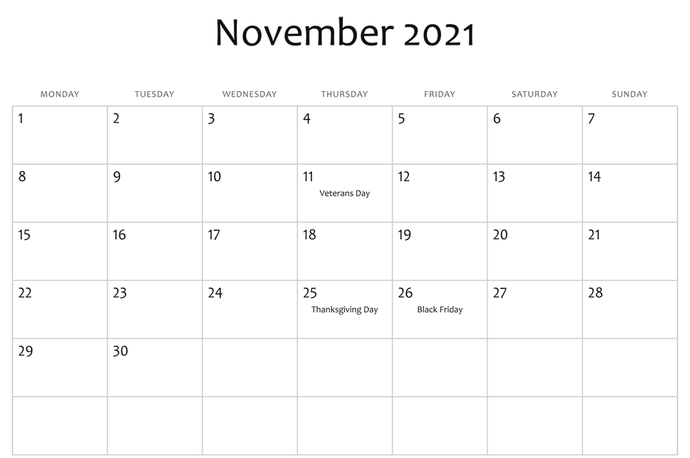 printable November 2021 Calendar with Holidays