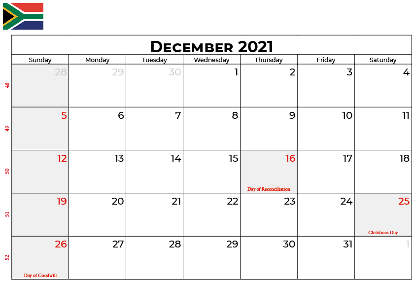 December 2021 Calendar South Africa with Holidays