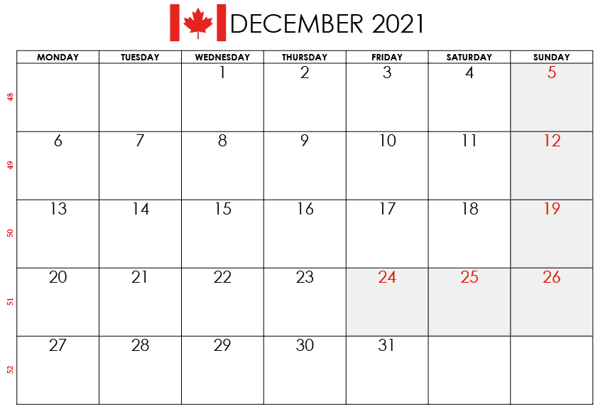 December 2021 Calendar with Holidays Canada