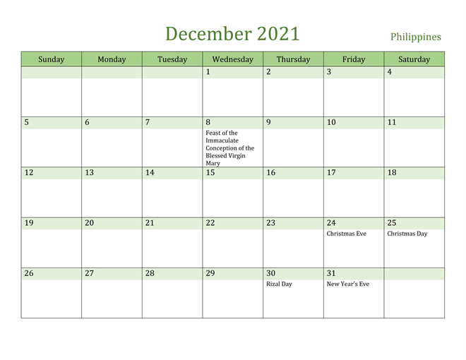 December 2021 Calendar with Holidays Philippines