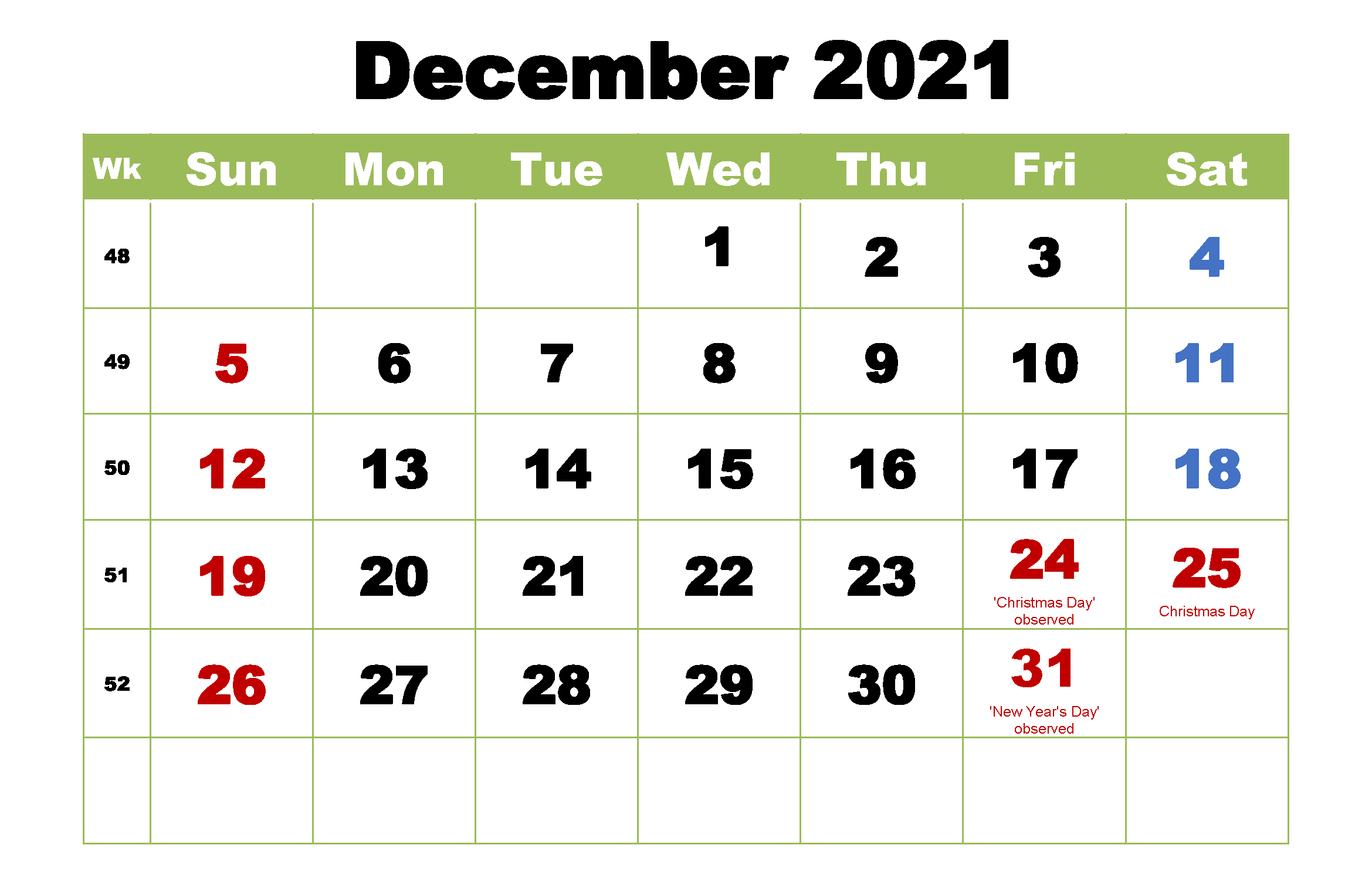 December 2021 Holidays Calendar