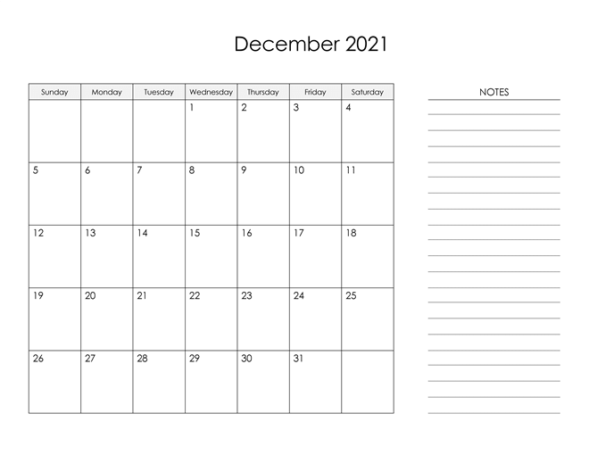 Editable December 2021 Calendar with Notes