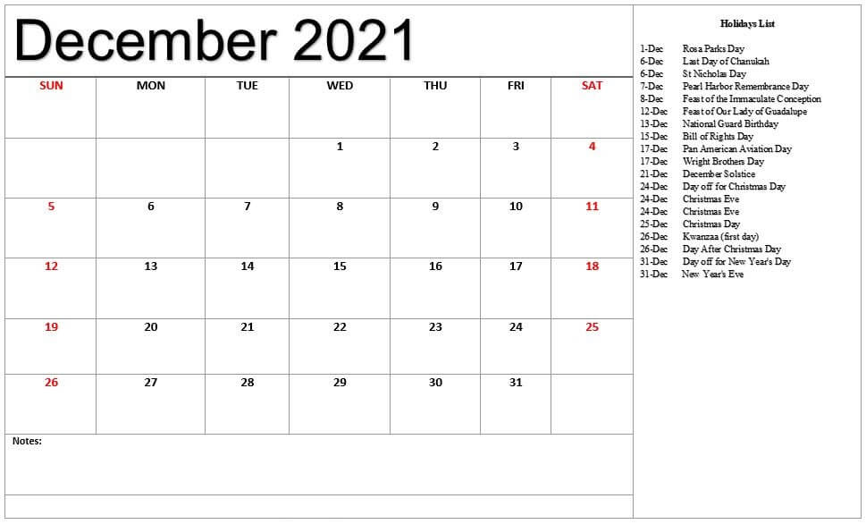 Holidays Calendar Template December 2021