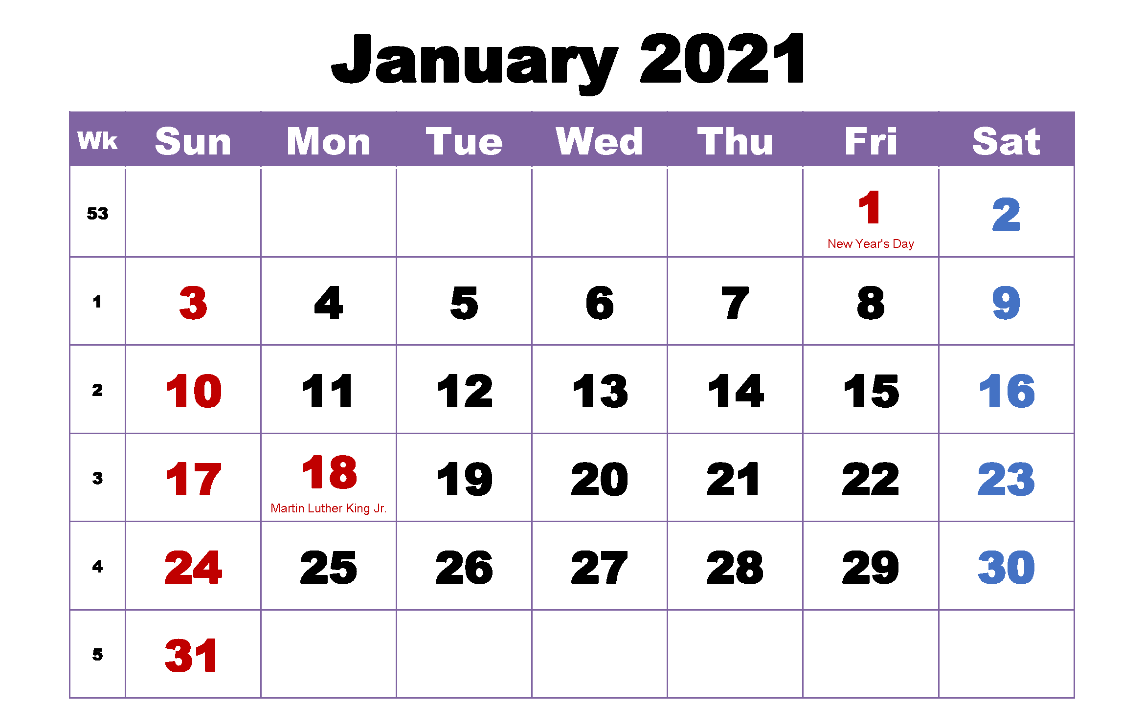 January 2021 Printable Calendar