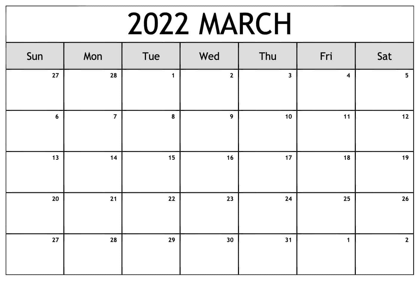 2022 March Calendar with Suitable Space