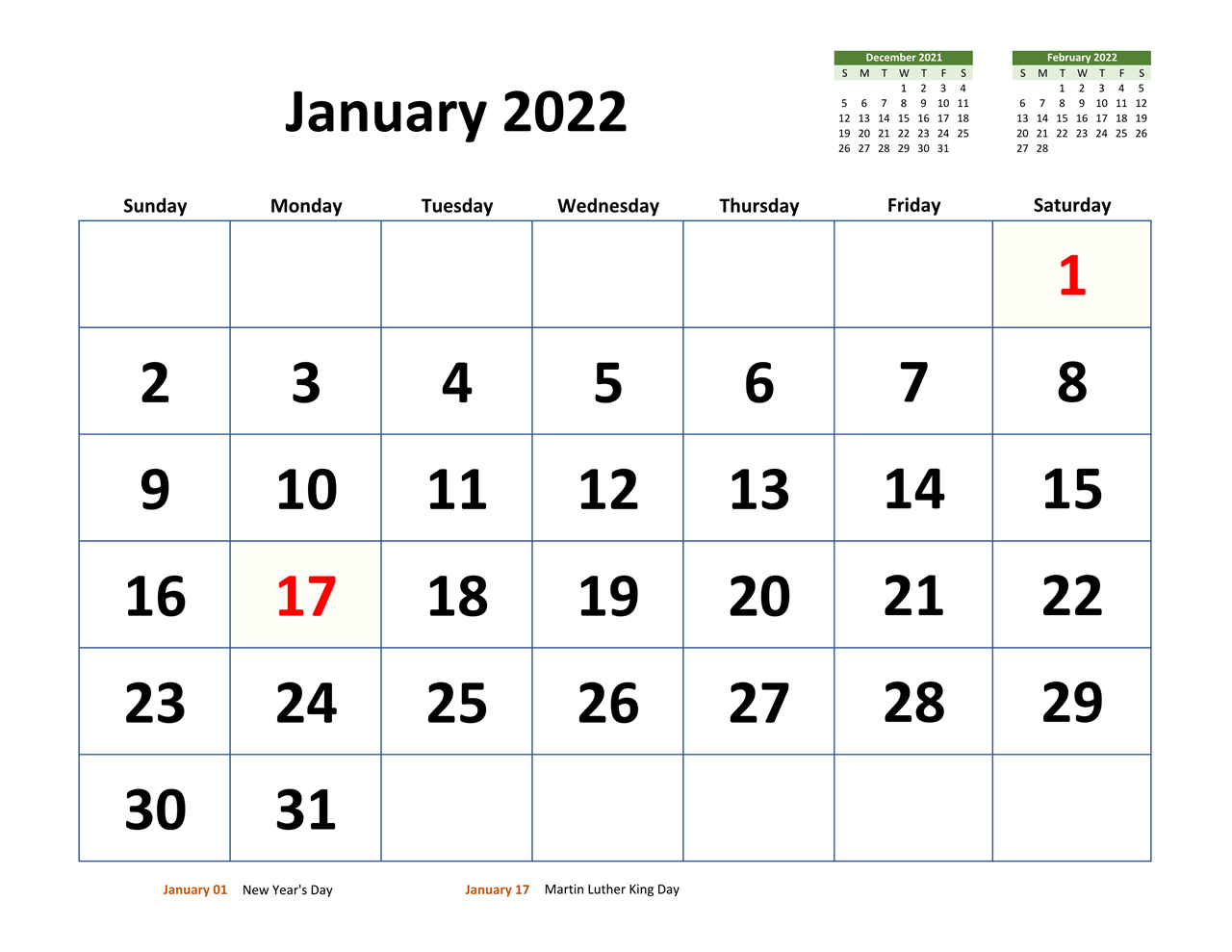 Blank January 2022 Calendar Template