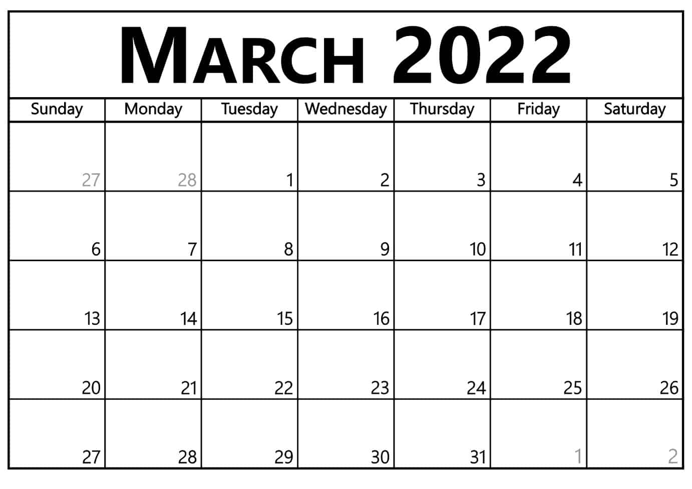 Blank March 2022 Calendar Printable