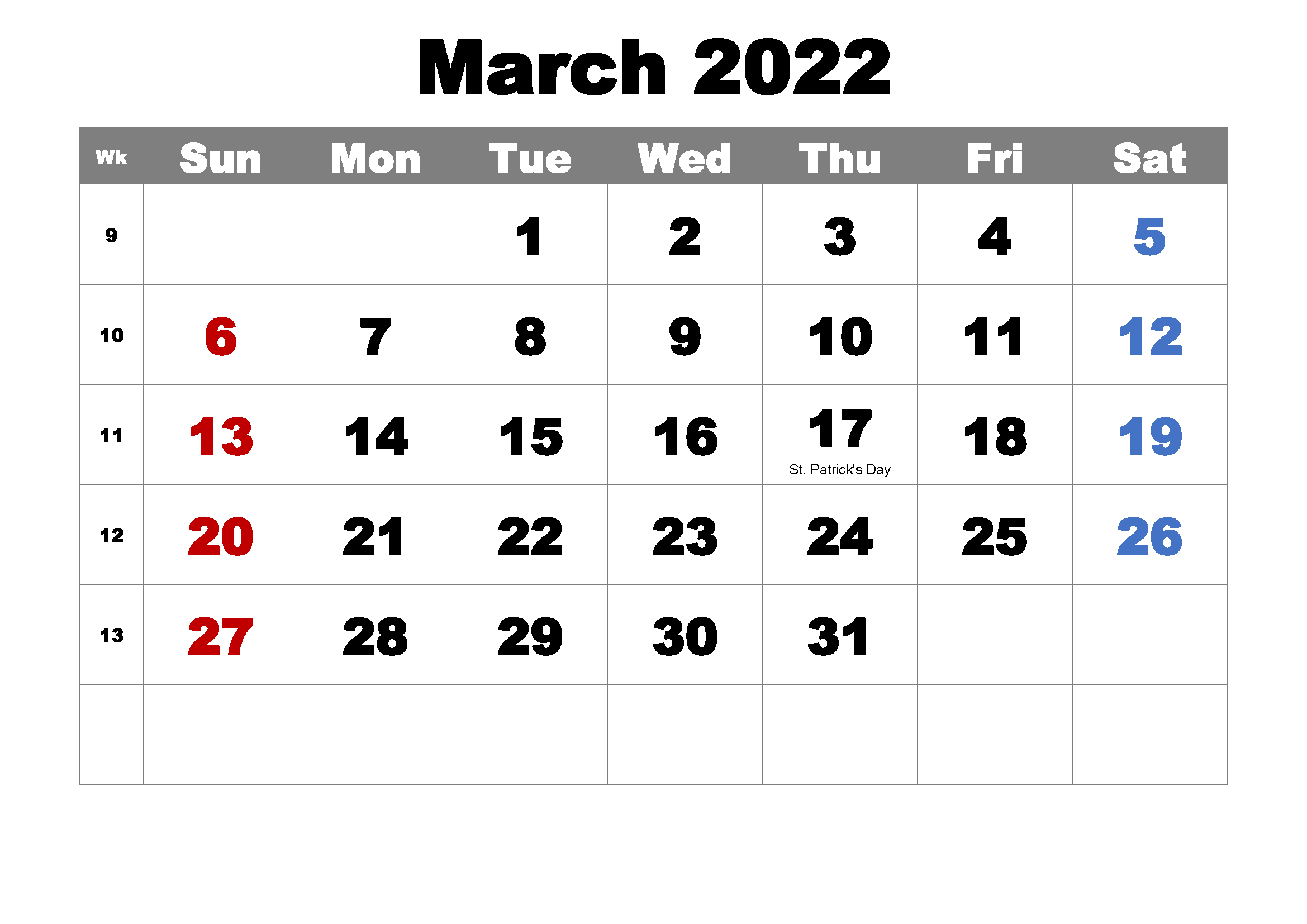 Calendar For March Month 2022