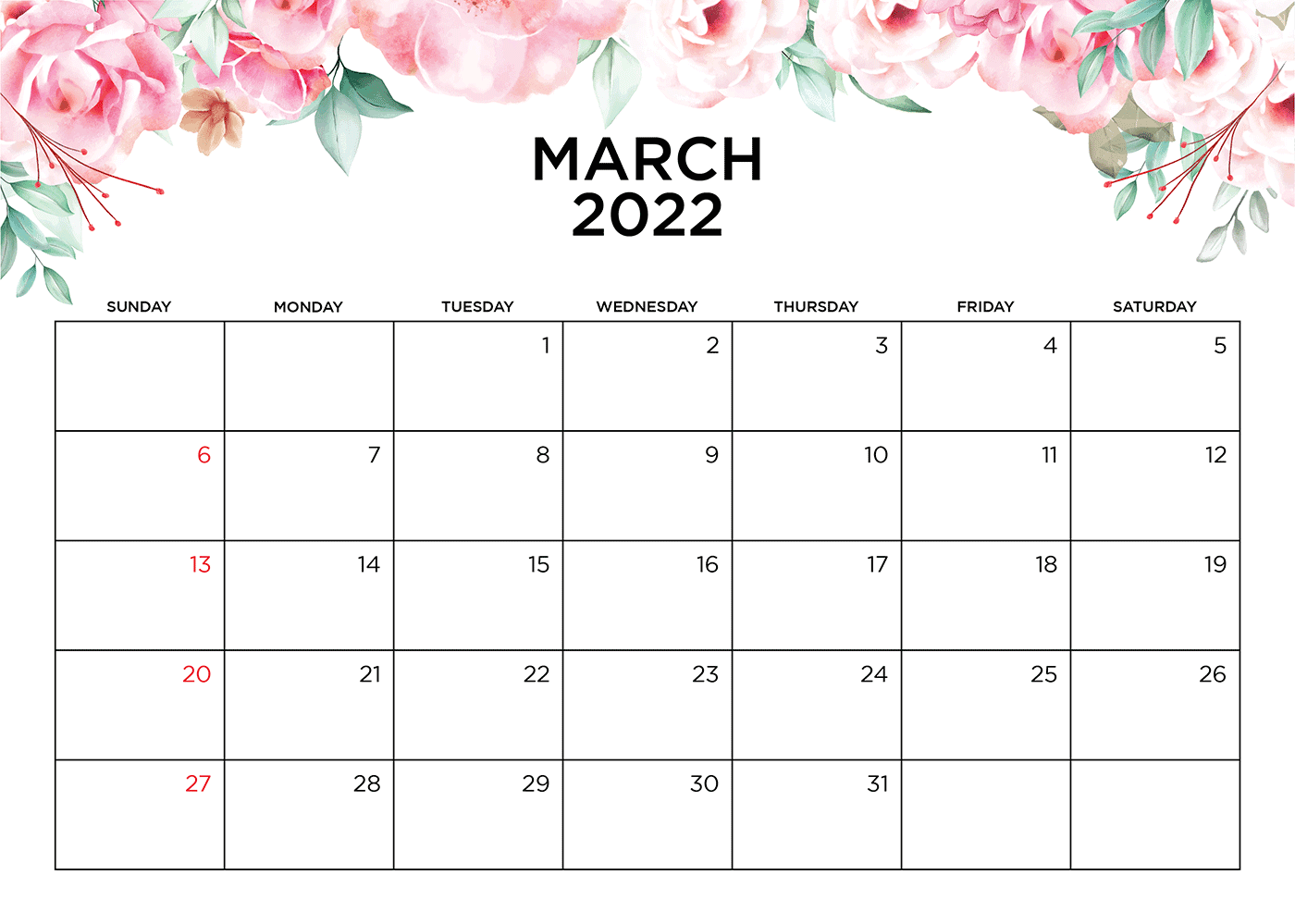Decorative March Calendar 2022 Floral
