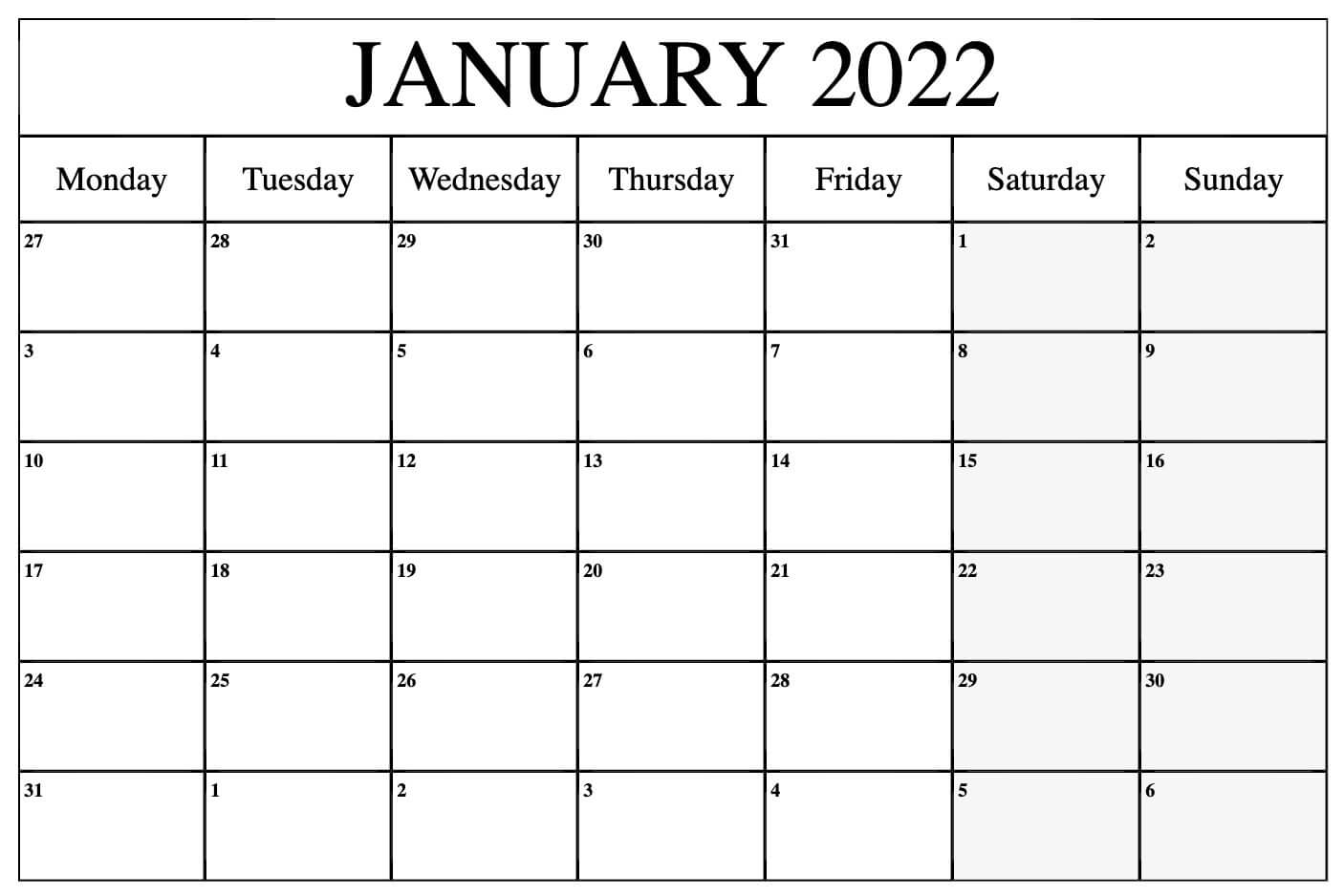 Editable January 2022 Calendar