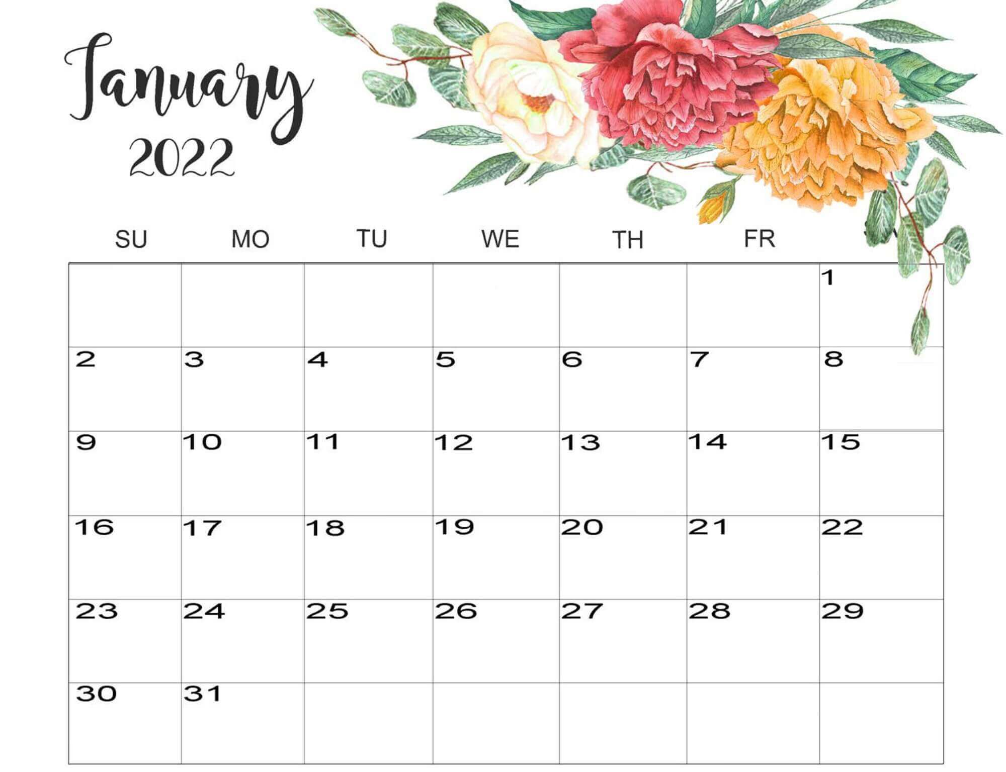 Floral January 2022 Calendar Cute