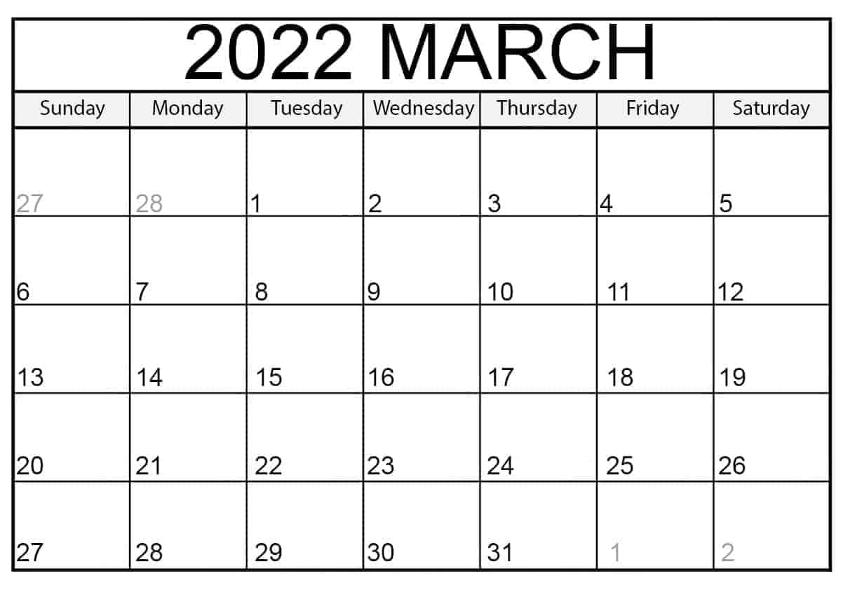 Free Printable 2022 March Calendar