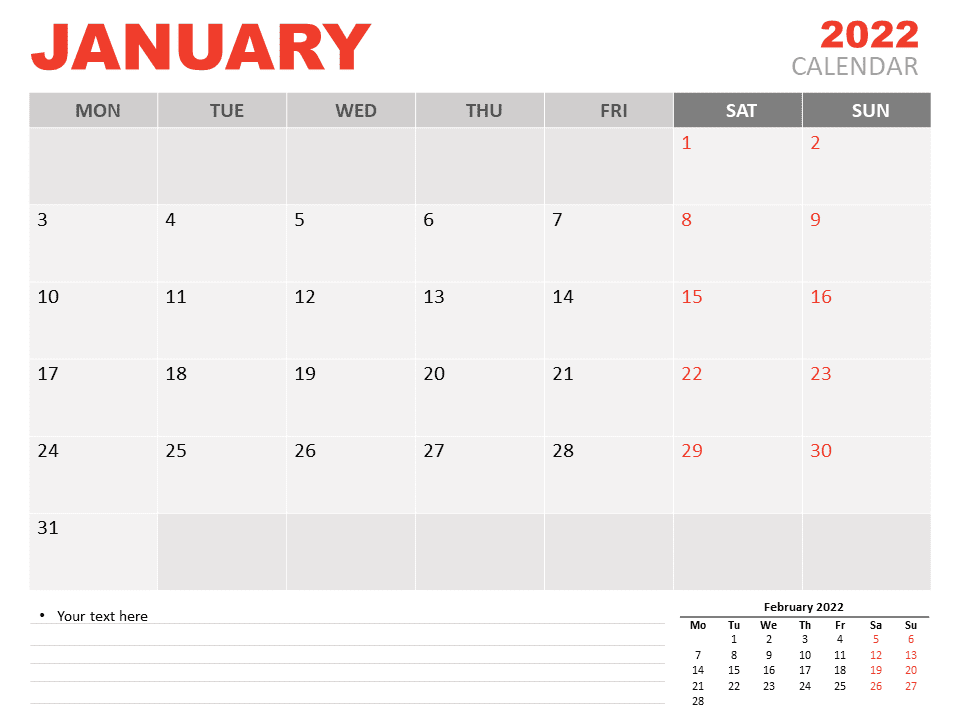 January 2022 Calendar Excel