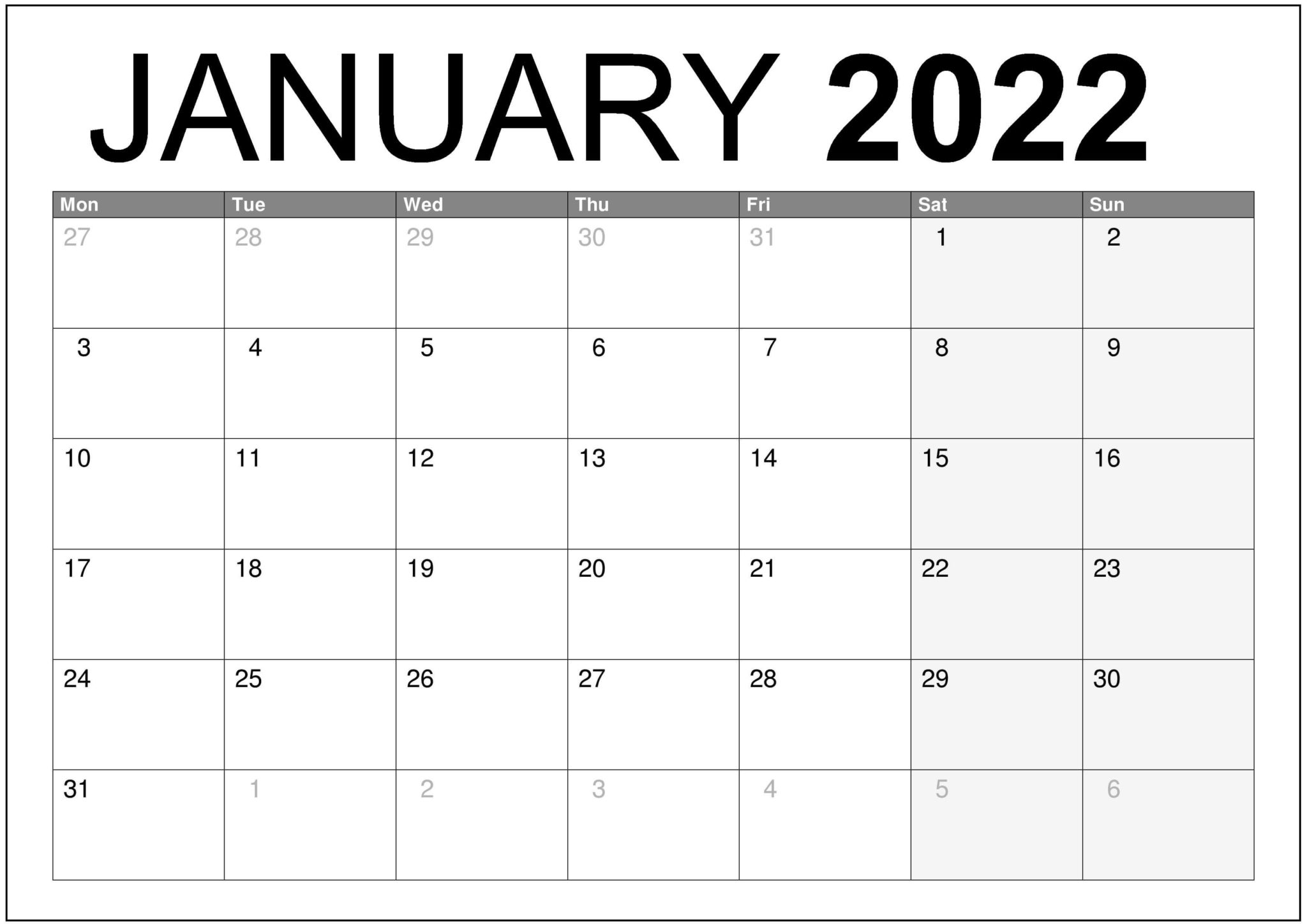 Free January Calendar 2022 Printable Template Blank In PDF Word Excel