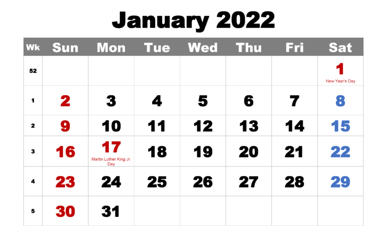 Free January Calendar 2022 Printable Template Blank In PDF Word Excel