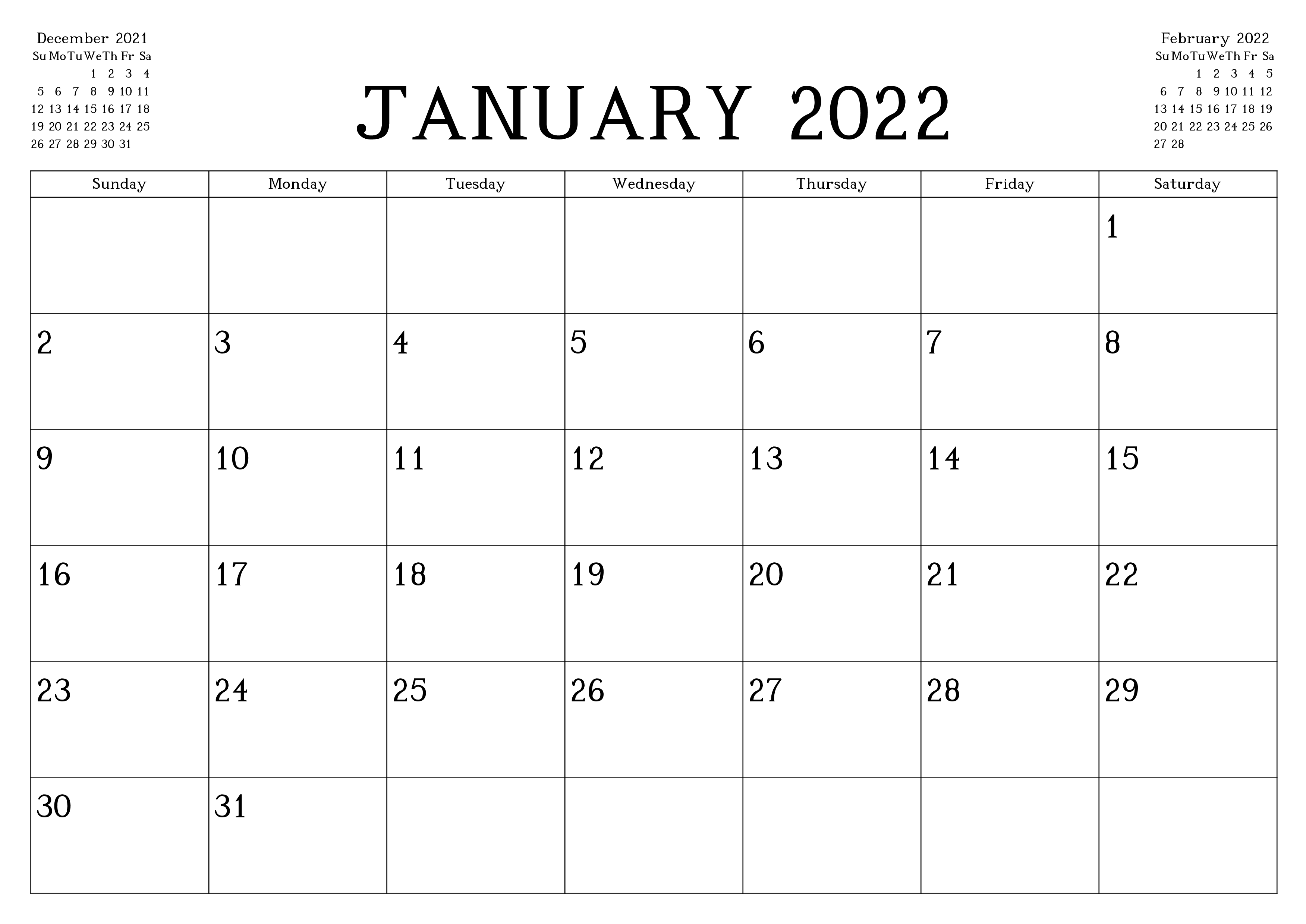 January Calendar 2022 Printable Template