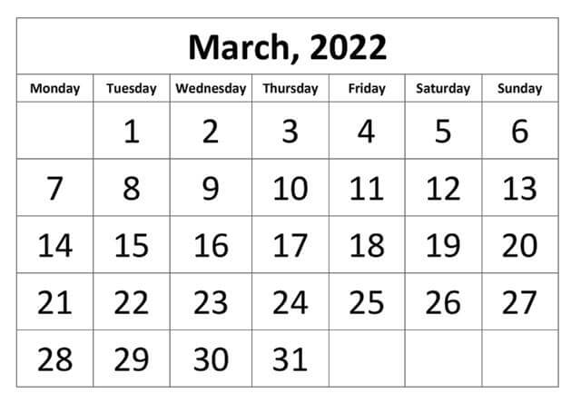 March 2022 Calendar Monday Start