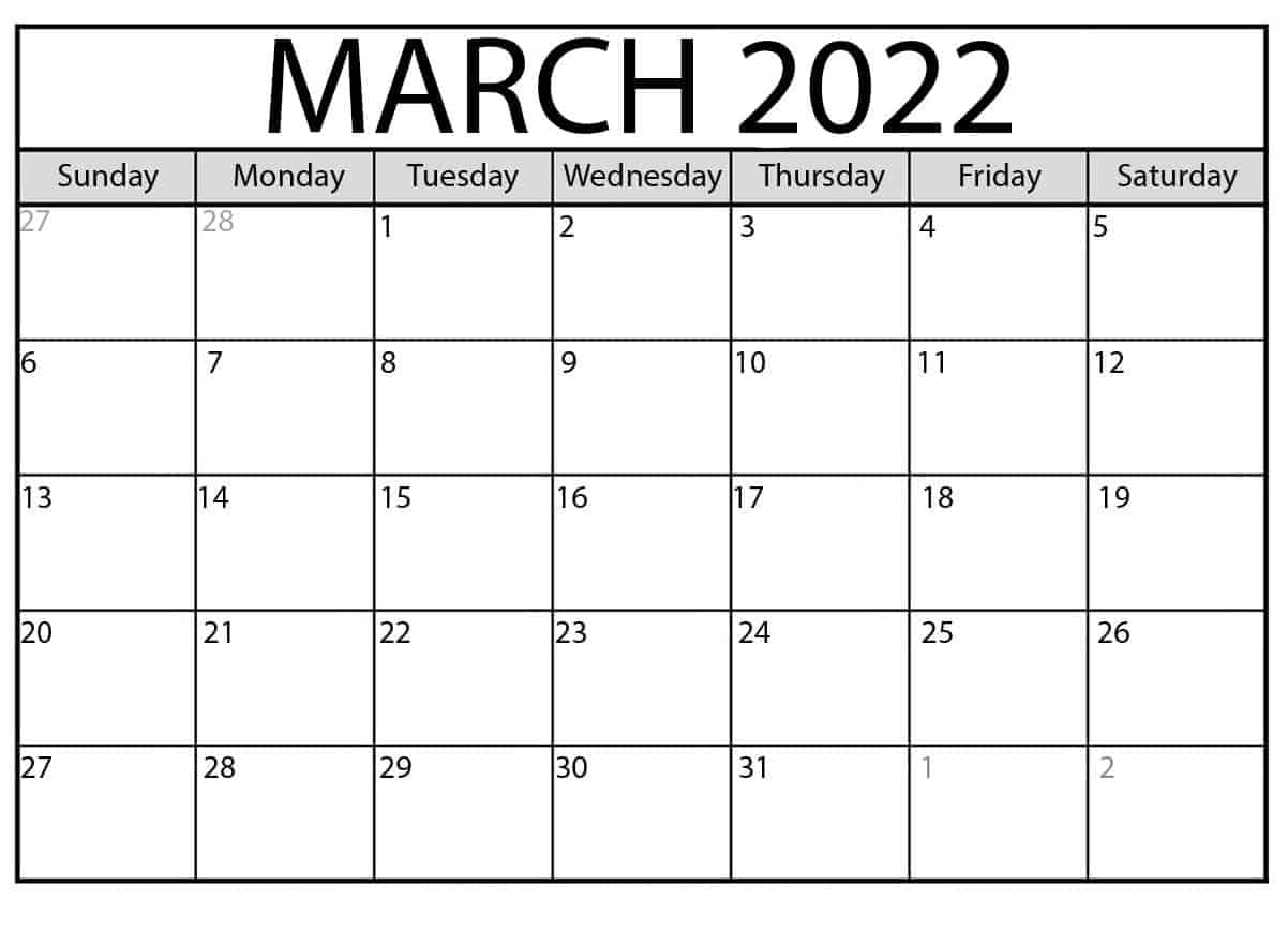 March 2022 Calendar with Large Font