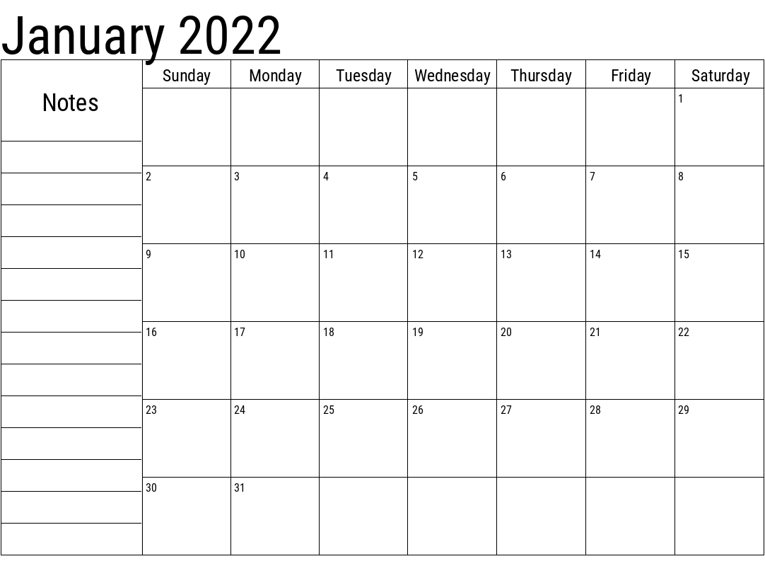 Print January 2022 Calendar with Notes