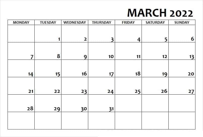 Print March 2022 Calendar with Monday Start