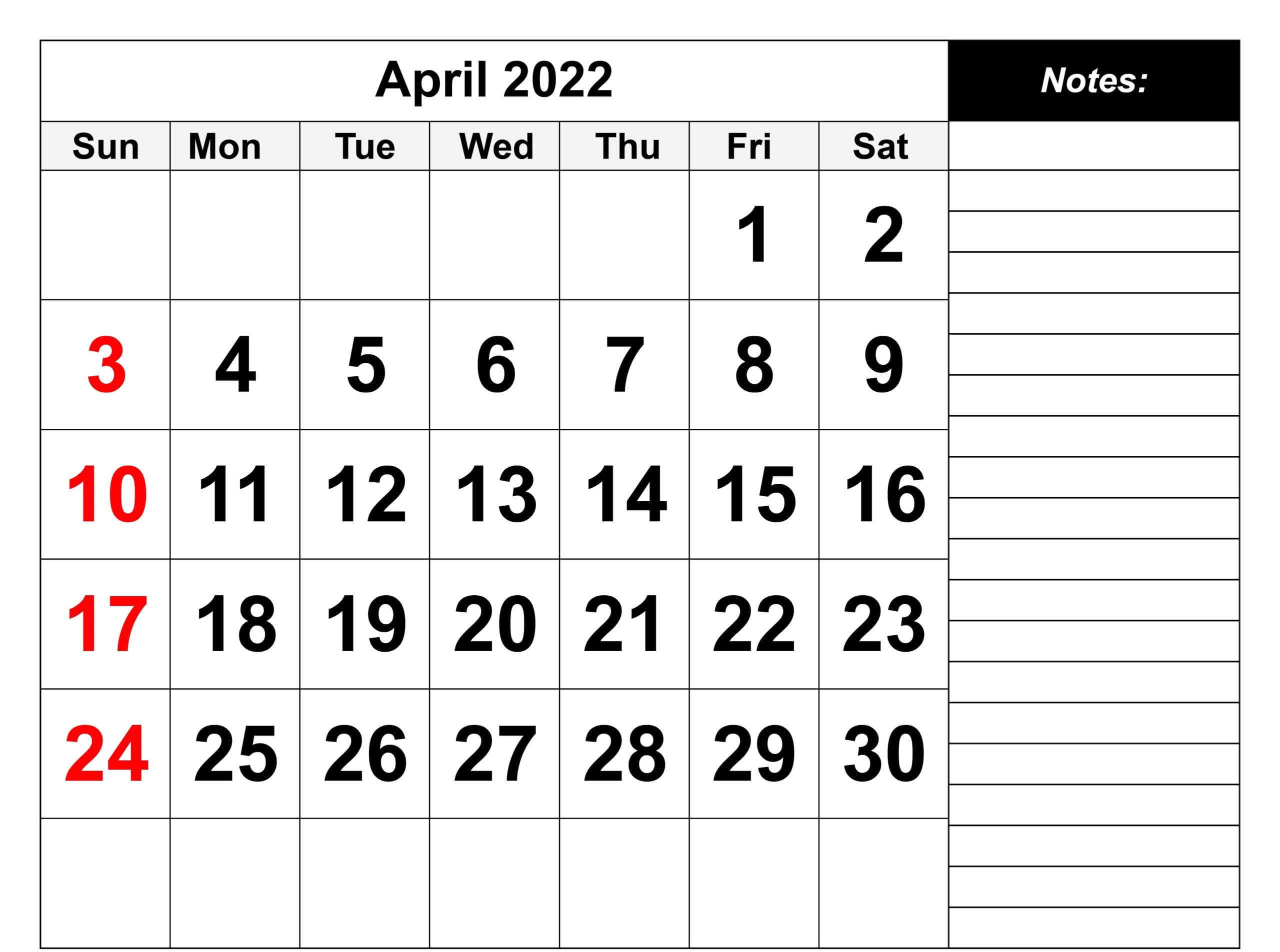 April 2022 Printable Calendar with Notes