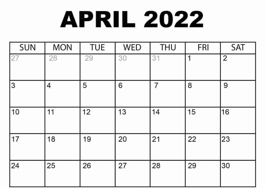 April Calendar 2022 Free Printable