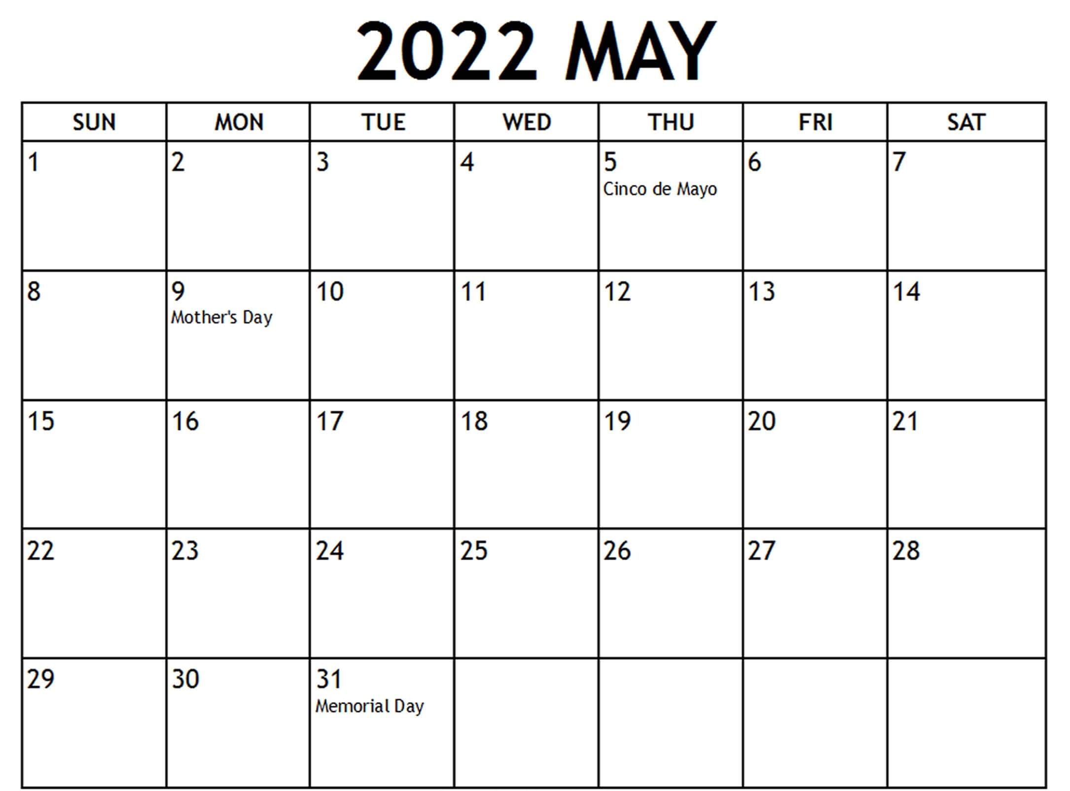 2022 may calendar template