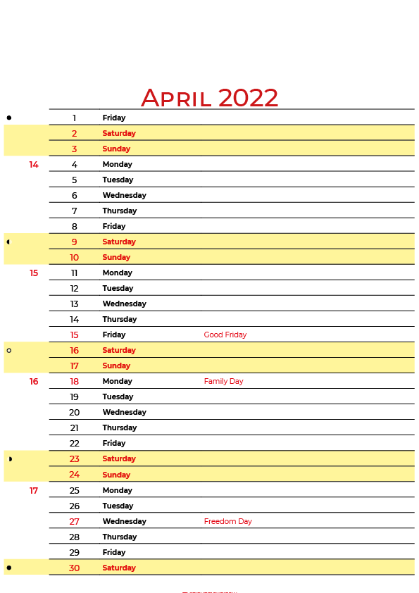 April 2022 Holidays Calendar Printable